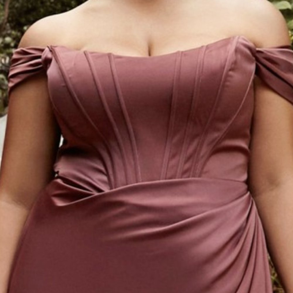 ROSEWOOD COLOR  PROM PARTY EVENING OFF SHOULDER CORSET SOFT SATIN DRESS CD 7484 - Picture 2 of 8